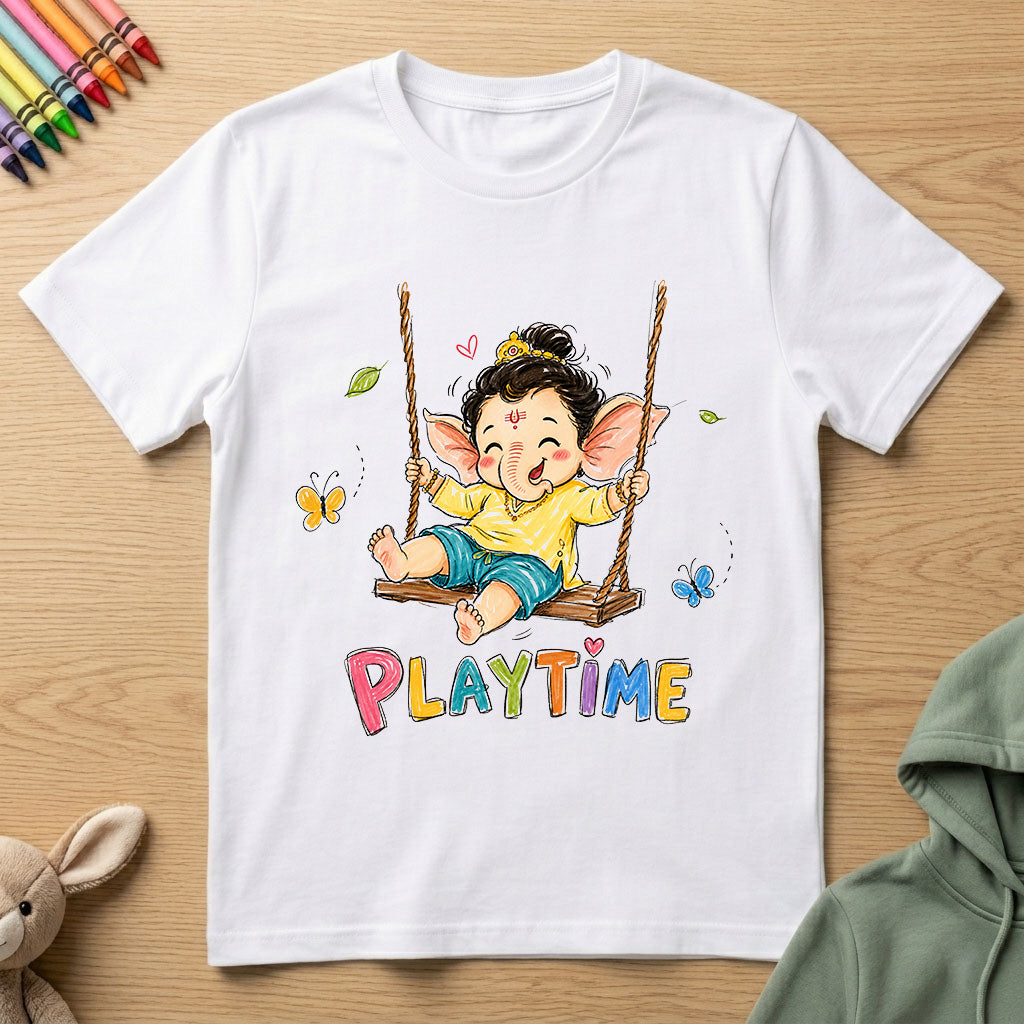 Ganesha Playtime - Kids Crew Neck T-Shirt