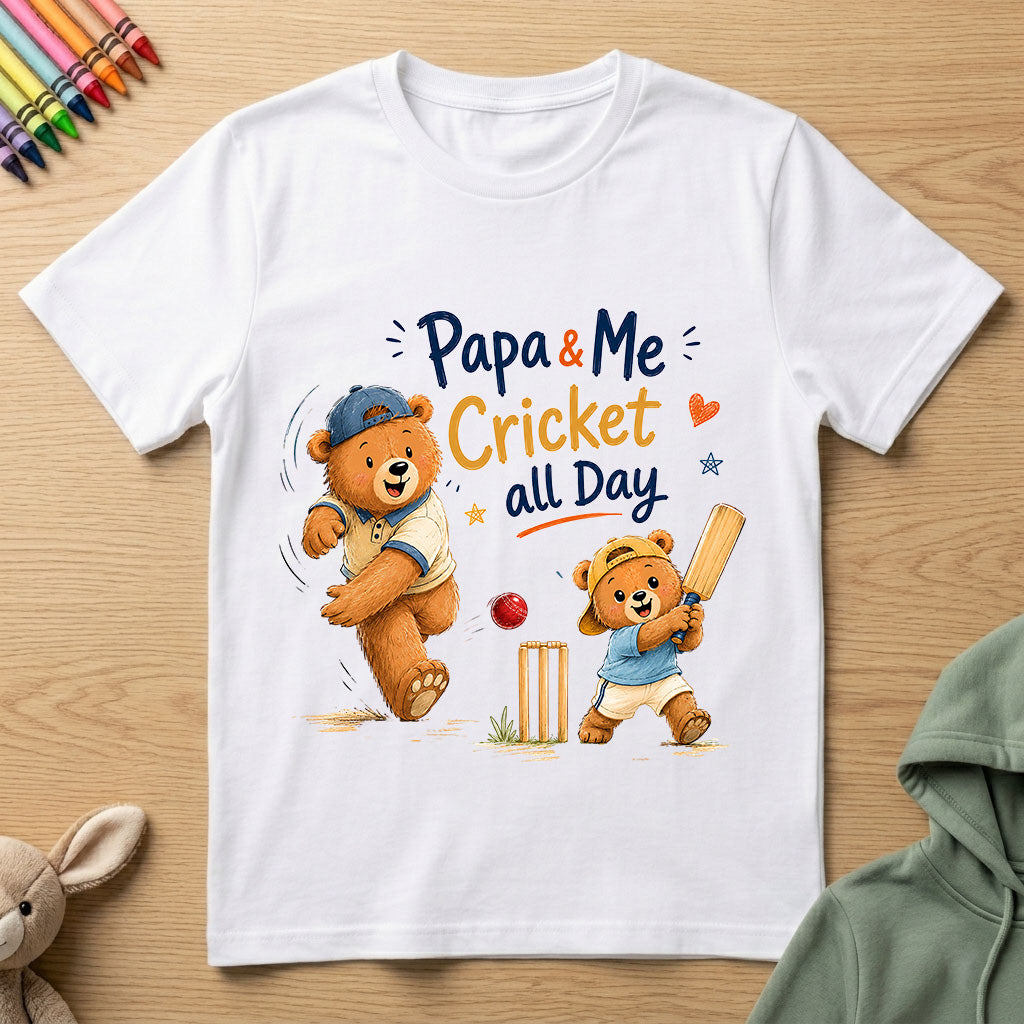 Papa and Me, Cricket all Day - Kids Crew Neck T-Shirt