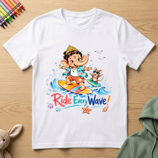 Ganesha Ride Every Wave - Kids Crew Neck T-Shirt