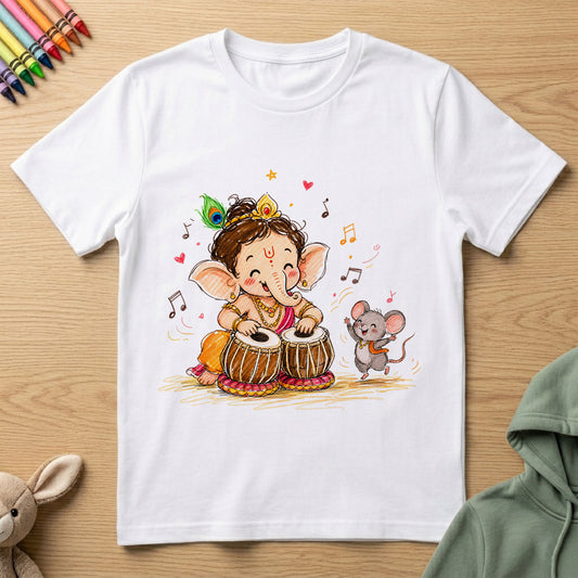 Ganesha Tabla Maestro - Kids Crew Neck T-Shirt